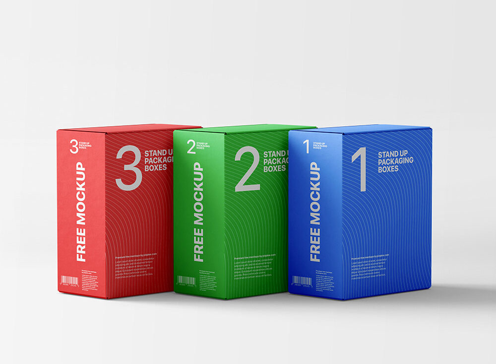 Free Stand-up Packaging Boxes Mockup